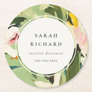 Chic Boho Kleurrijke Groen Roze Geschilderde Bloem Ronde Kartonnen Onderzetter