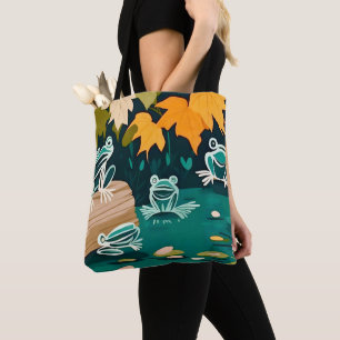 Chic boho line art abstracte vectorkikkers op vijv draagtas