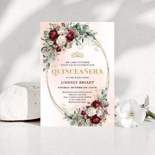 Chic Boho Marsala Flowers 15th Birthday Invitation