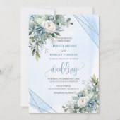 Chic Boho Pastel Blauw Zilveren Bloemen Huwelijk Kaart (Voorkant)