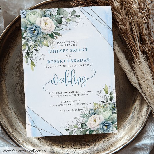 Chic Boho Pastel Blauw Zilveren Bloemen Huwelijk Kaart