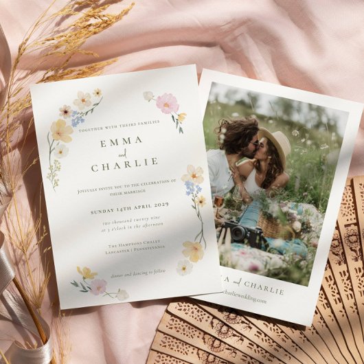 Chic Boho Pastel Bloemen Foto Huwelijk Kaart