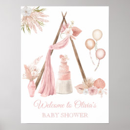 Chic Boho Pink Floral Baby shower Welkom Poster