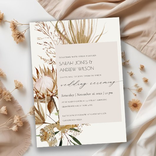 Chic Boho Protea Dry Palm Floral Wedding Invite Bedankkaart