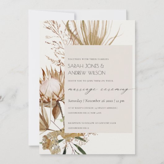 Chic Boho Protea Sec Palm Floral Invitation de mar (Devant)
