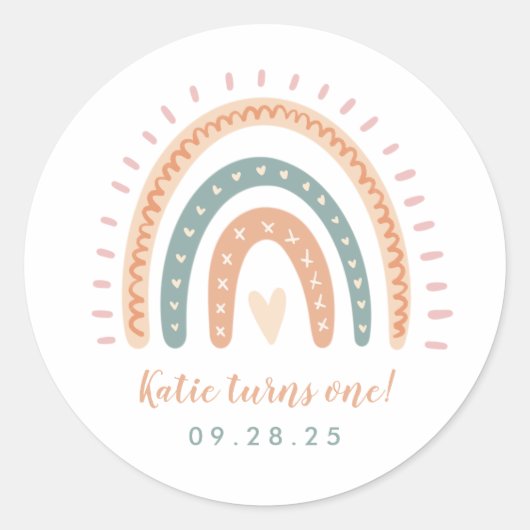 Chic Boho Rainbow Pastel First Birthday Ronde Sticker (Voorkant)