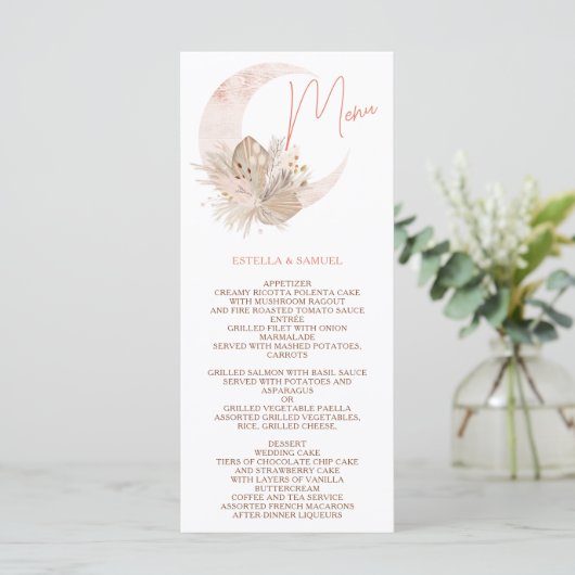 Chic boho rustic pampas florale moon bruiloft menu (Staand voorkant)