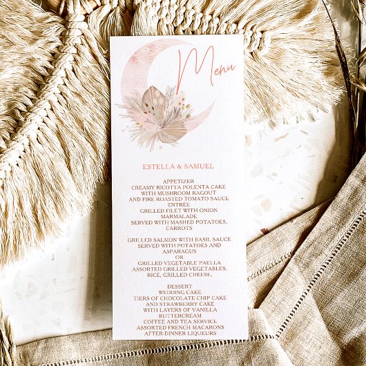 Chic boho rustic pampas florale moon bruiloft menu
