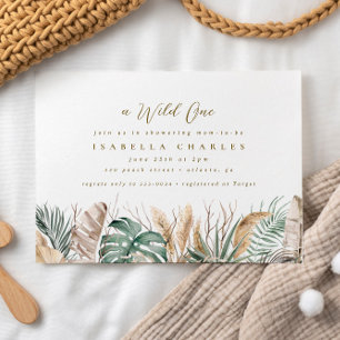 Chic Boho Safari Pampas Monstera Gold Baby shower Kaart