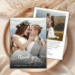Chic Boho Script Mariage photo Carte de remercieme<br><div class="desc">Boho moderne Chic Calligraphie Script Mariage Photo Carte de remerciements. Un mariage élégant merci modèle avec une photo verticale complète sur le devant avec le texte "Merci" dans une main tourbillonnant fantaisie lettrage typographie swash tail script de police en blanc superposition sur l'image. Carte recto verso avec 2 photos. Personnalisez...</div>