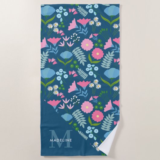 Chic Botanical Floral Elegant Navy Blue Monogram Strandlaken (Voorkant)