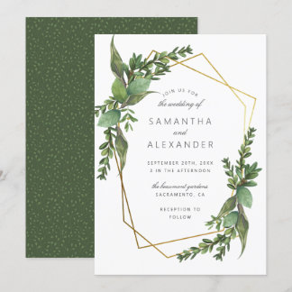 Chic Botanical Greenery & Gold Geometric Wedding Kaart