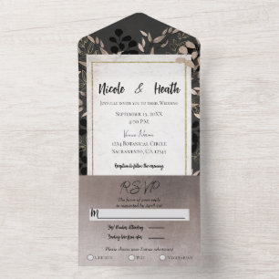 Chic Botanical Leaves Grey Blush Gold Wedding All In One Uitnodiging