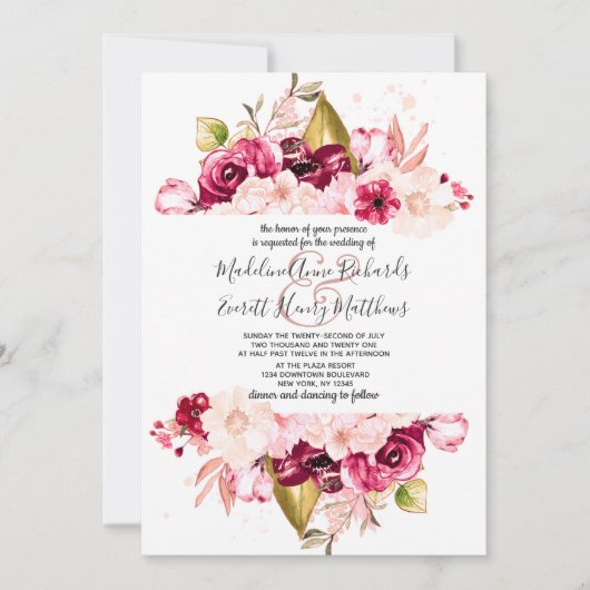 Chic Bourgogne & Fleurs Roses Invitations de maria (Devant)
