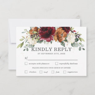 Chic Bourgogne Floral Mariage choix de repas Carte