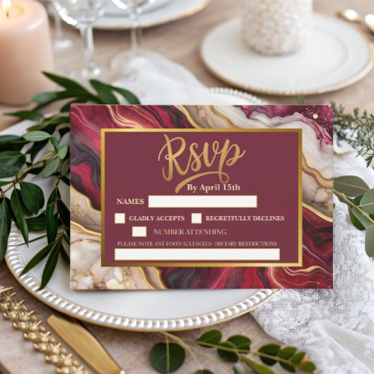 Chic Bourgogne Gold Agaat Marmeren Moderne bruilof RSVP Kaartje