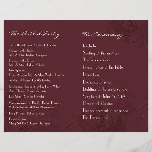 Chic Bourgogne Programme de Mariage Flourish (Dos)