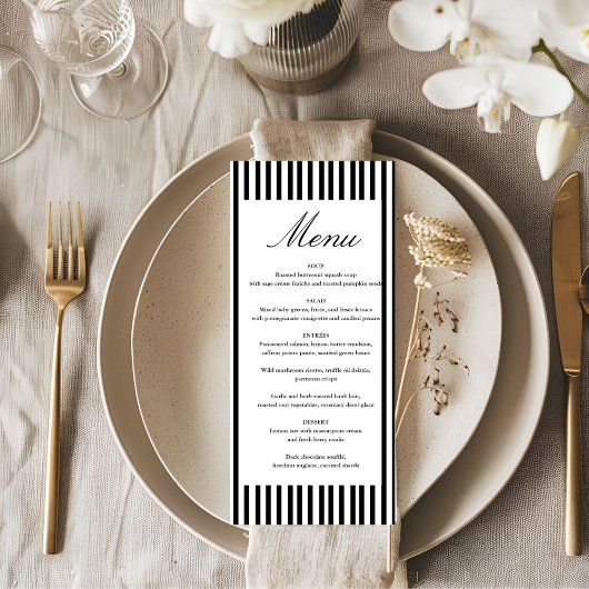 Chic Bow Minimalist Stripe Black White wedding Menu