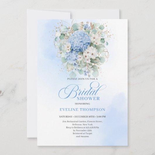 Chic Bridal Shower Blue Hydrangeas Gold Invitation (Devant)