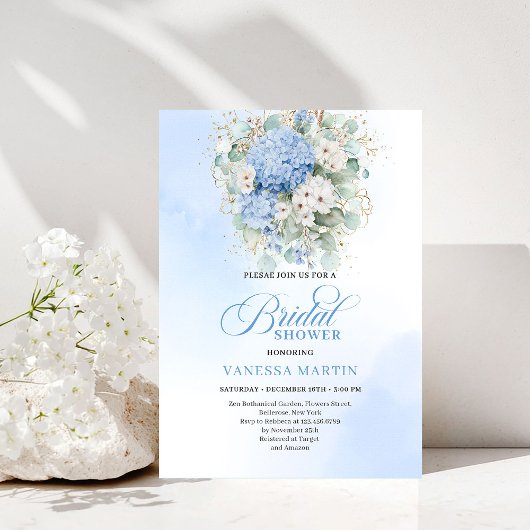 Chic Bridal Shower Blue Hydrangeas Gold Invitation