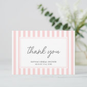 Chic Bridal Shower Modern Script Pink Stripes Bedankkaart (Staand voorkant)