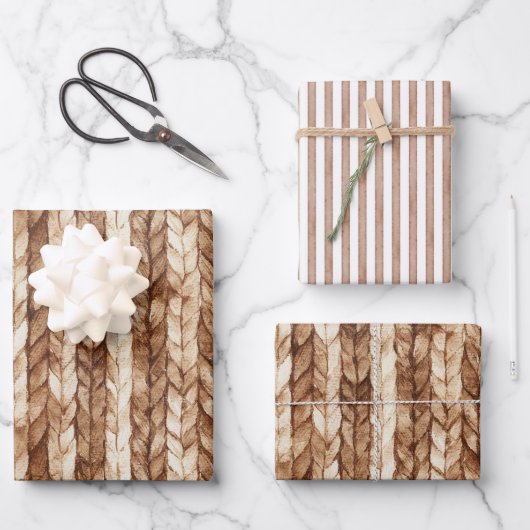 Chic Brown Cream Faux geweven strepen Inpakpapier Vel (Voorkant)