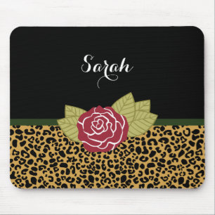 Chic Brown Gold-luipaard print rode roze met naam Muismat
