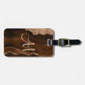 Chic Brown Roos Gold Glitter Agate Custom Monogram Bagagelabel (Voorkant horizontaal)