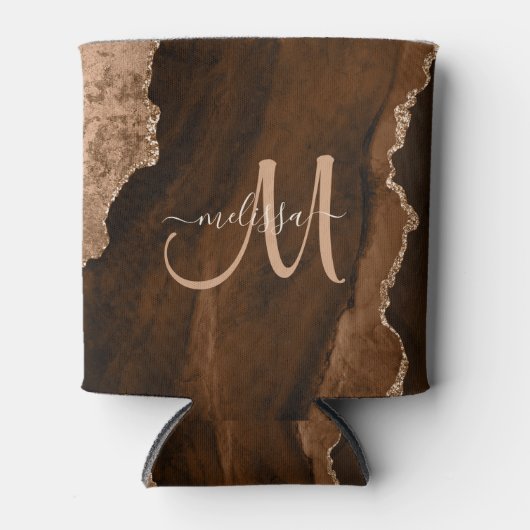 Chic Brown Roos Gold Glitter Agate Custom Monogram Blikjeskoeler (Voorkant)