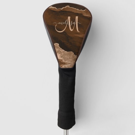 Chic Brown Roos Gold Glitter Agate Custom Monogram Golfheadcover (Voorkant)