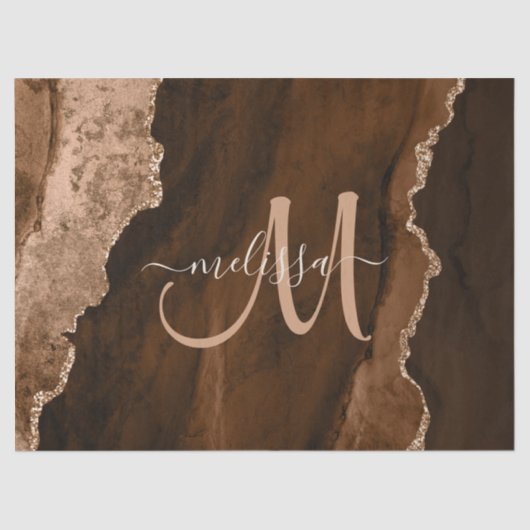 Chic Brown Roos Gold Glitter Agate Custom Monogram Tissuepapier (Voorkant)