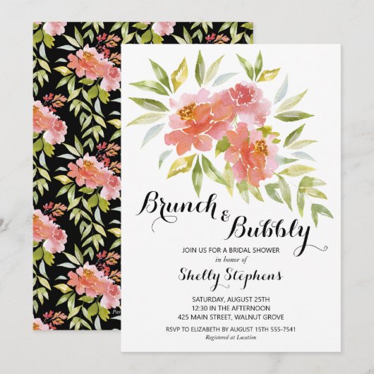 Chic Brunch et bulles florales Invitations (Devant / Derrière)