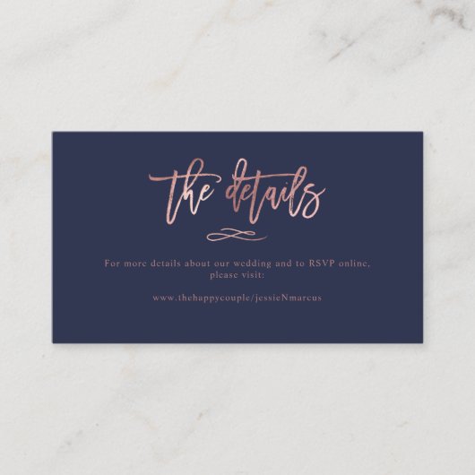 Chic Brush Script Roos Gold Wedding Details Visitekaartje (Voorkant)