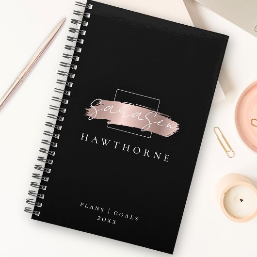 Chic Brush Stroke Black Faux Rose Gold Monogramme