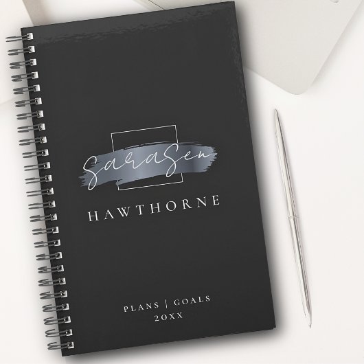 Chic Brush Stroke Black Faux Silver Grey Monogramm