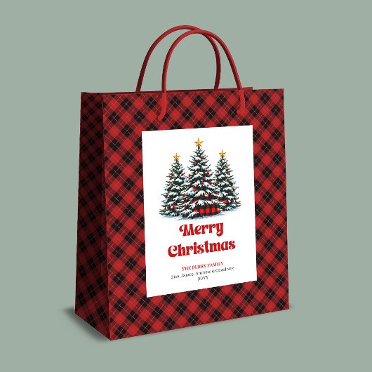 Chic buffalo plaid tree Christmas bag personalized Medium Cadeauzakje