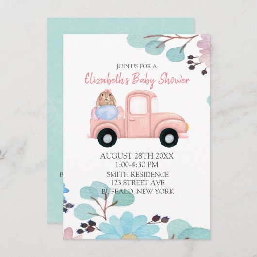 Chic Bunny Eggs  Truck Baby shower Kaart (Voorkant / Achterkant)