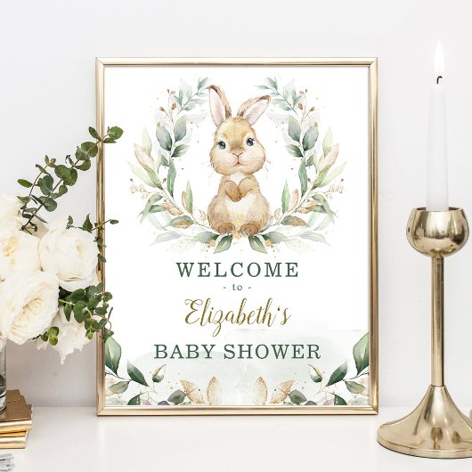 Chic Bunny Rabbit Greenery Gold Wreath Welkom Poster
