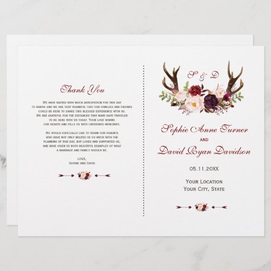 Chic Burgundy Blush Floral Antlers Programme de ma (Devant / Derrière)