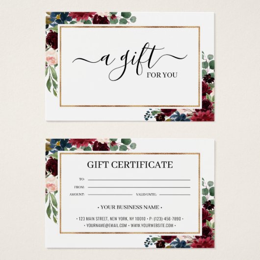 Chic Burgundy Blush Floral Gift Certificate Kaart (Voorkant /achterkant)