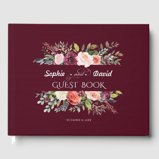 Chic Burgundy Blush Ivory Floral Lijst Wedding Gastenboek (Voorkant)