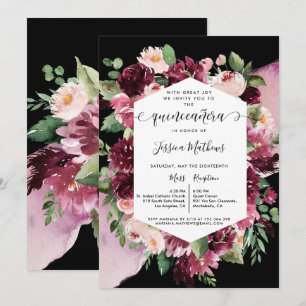 Chic Burgundy Blush Pink Black Quinceanera Floral Kaart
