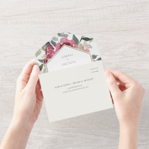 CHIC BURGUNDY BLUSH ROOS FLORAL WATERVERF WEDING ALL IN ONE UITNODIGING
