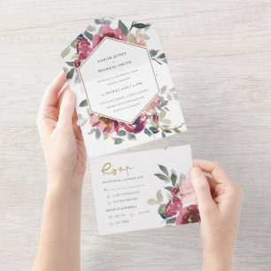CHIC BURGUNDY BLUSH ROOS FLORAL WATERVERF WEDING ALL IN ONE UITNODIGING