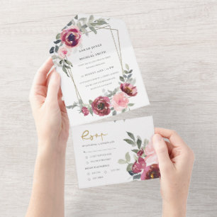 CHIC BURGUNDY BLUSH ROOS FLORAL WATERVERF WEDING ALL IN ONE UITNODIGING