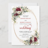 Chic Burgundy Boho Floral Gold Wedding Invitation (Devant)