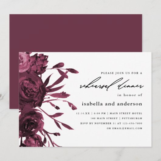 Chic Burgundy Botanical Wedding Rehearsal Dinner Kaart (Voorkant / Achterkant)