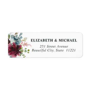 Chic Burgundy Dusty Blue Floral Waterverf Wedding Etiket