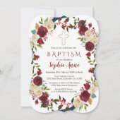 Chic Burgundy Floral Bloom Navy Blue Baptism Kaart (Voorkant)