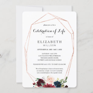 Chic Burgundy Floral Celebration of Life Funeral Kaart